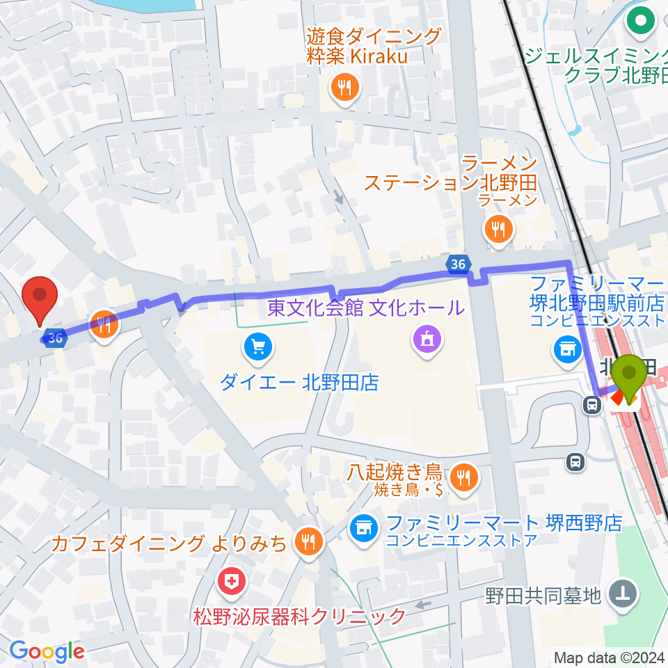 エレガントアカデミーの最寄駅北野田駅からの徒歩ルート（約7分）地図