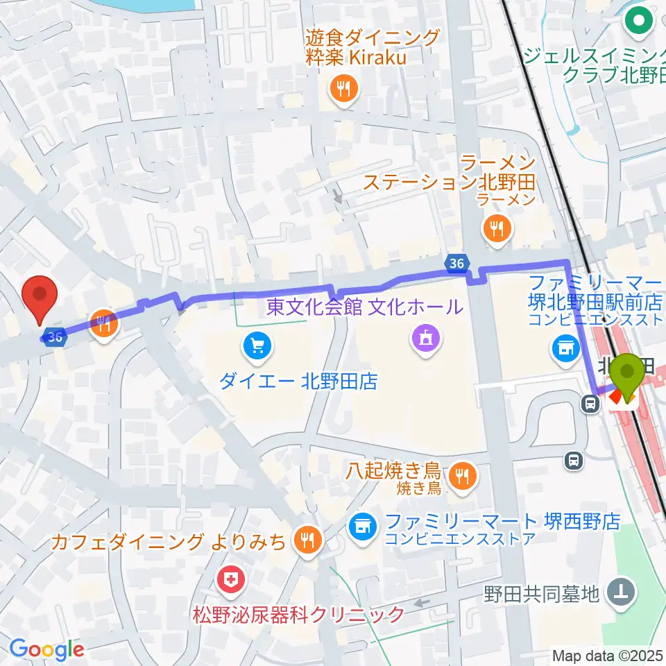 エレガントアカデミーの最寄駅北野田駅からの徒歩ルート（約7分）地図