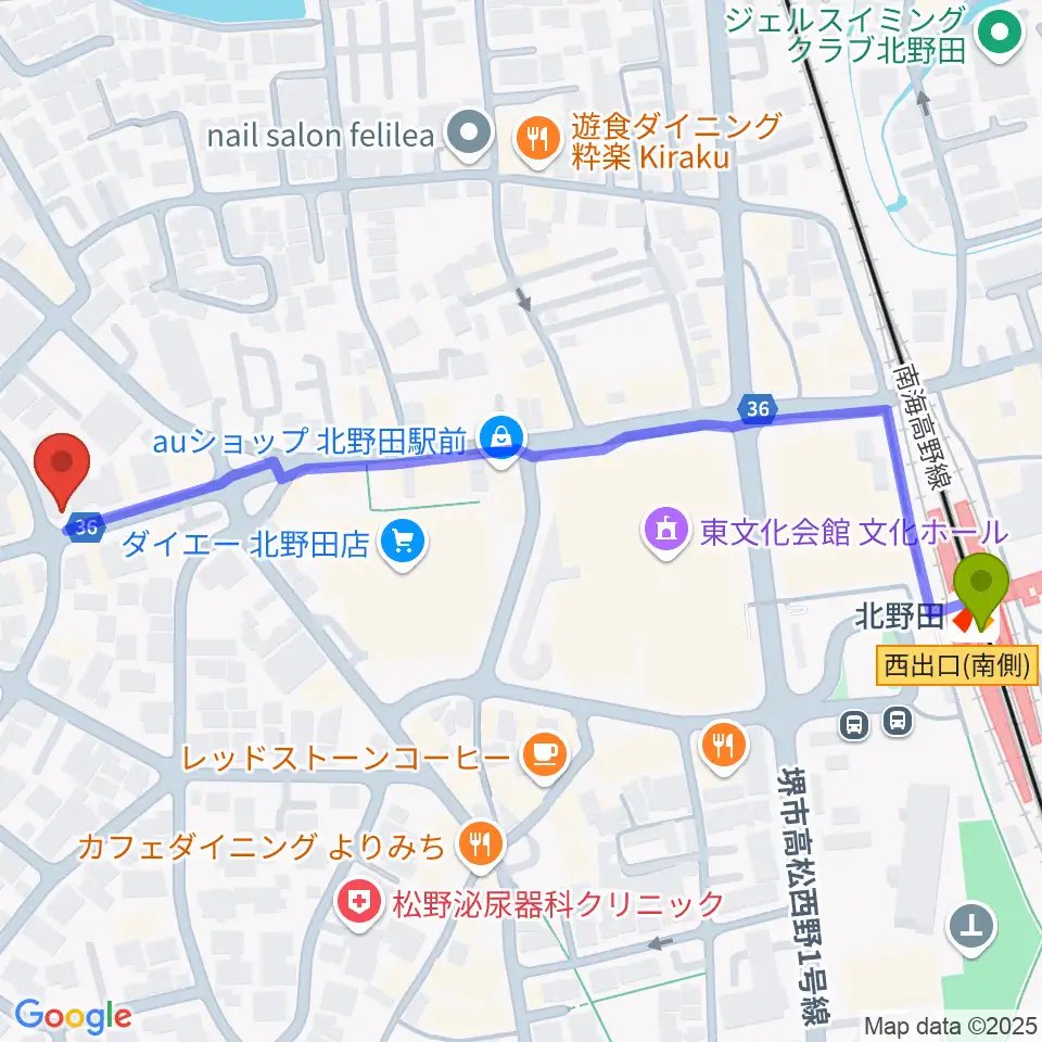 エレガントアカデミーの最寄駅北野田駅からの徒歩ルート（約7分）地図