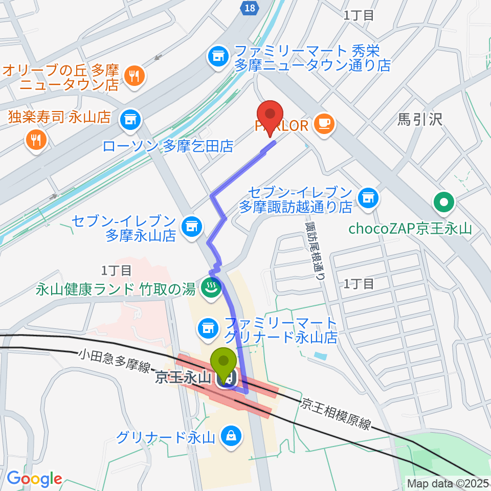 飯塚楽器工房の最寄駅京王永山駅からの徒歩ルート（約8分）地図