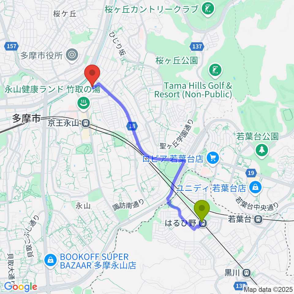 はるひ野駅から飯塚楽器工房へのルートマップ地図