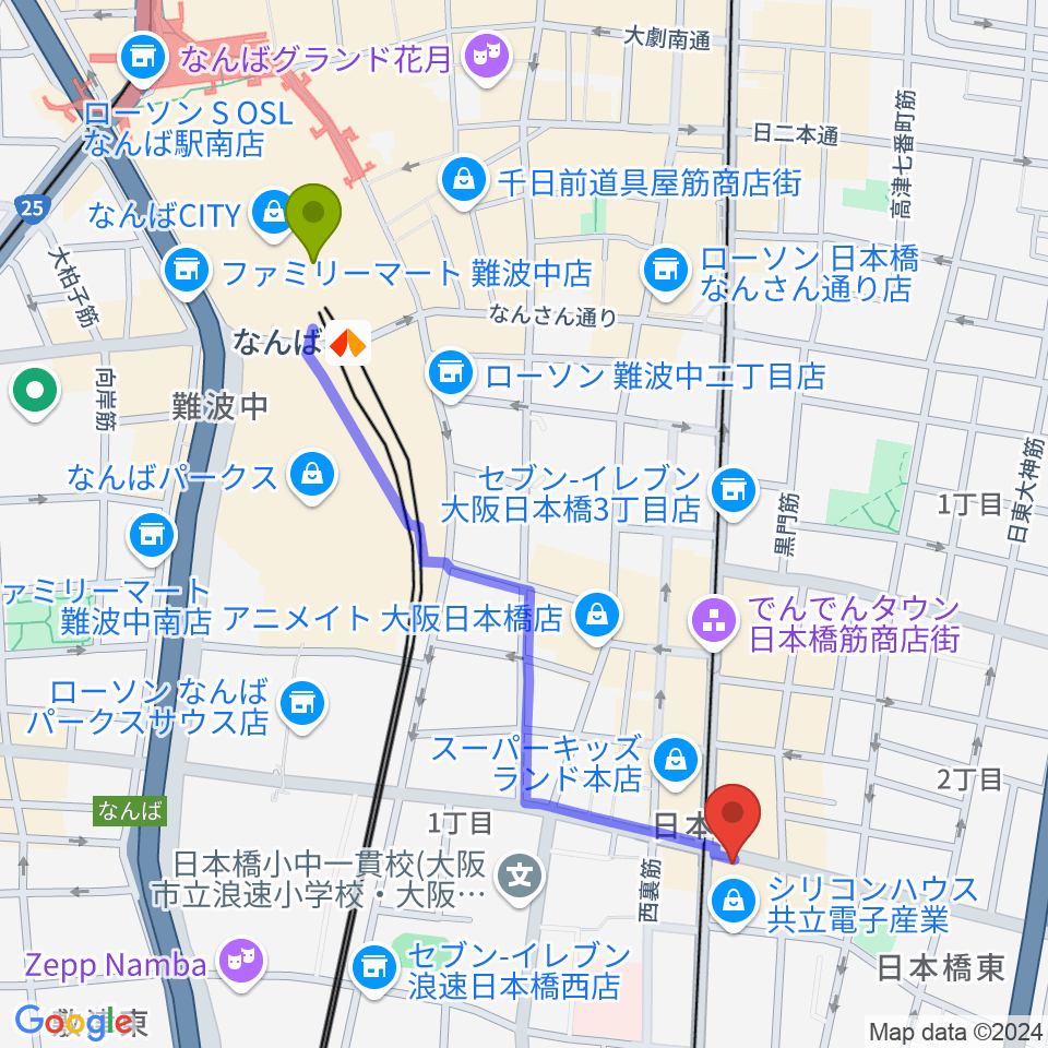 難波駅からサウンドノート大阪・フェアリーテイルズ大阪へのルートマップ地図