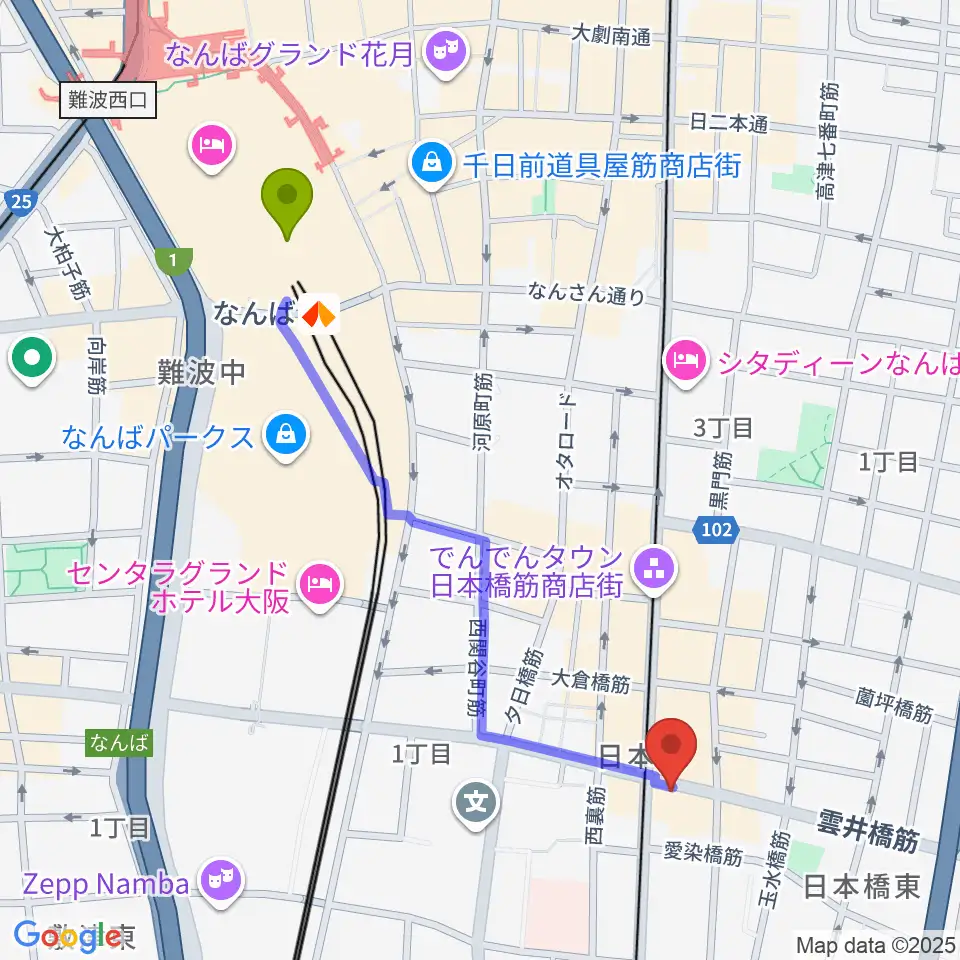 難波駅からサウンドノート大阪・フェアリーテイルズ大阪へのルートマップ地図