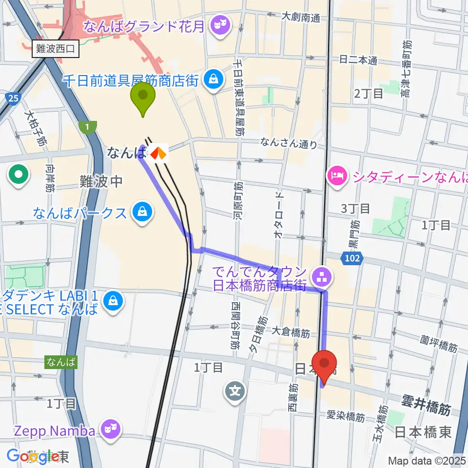 難波駅からサウンドノート大阪へのルートマップ地図