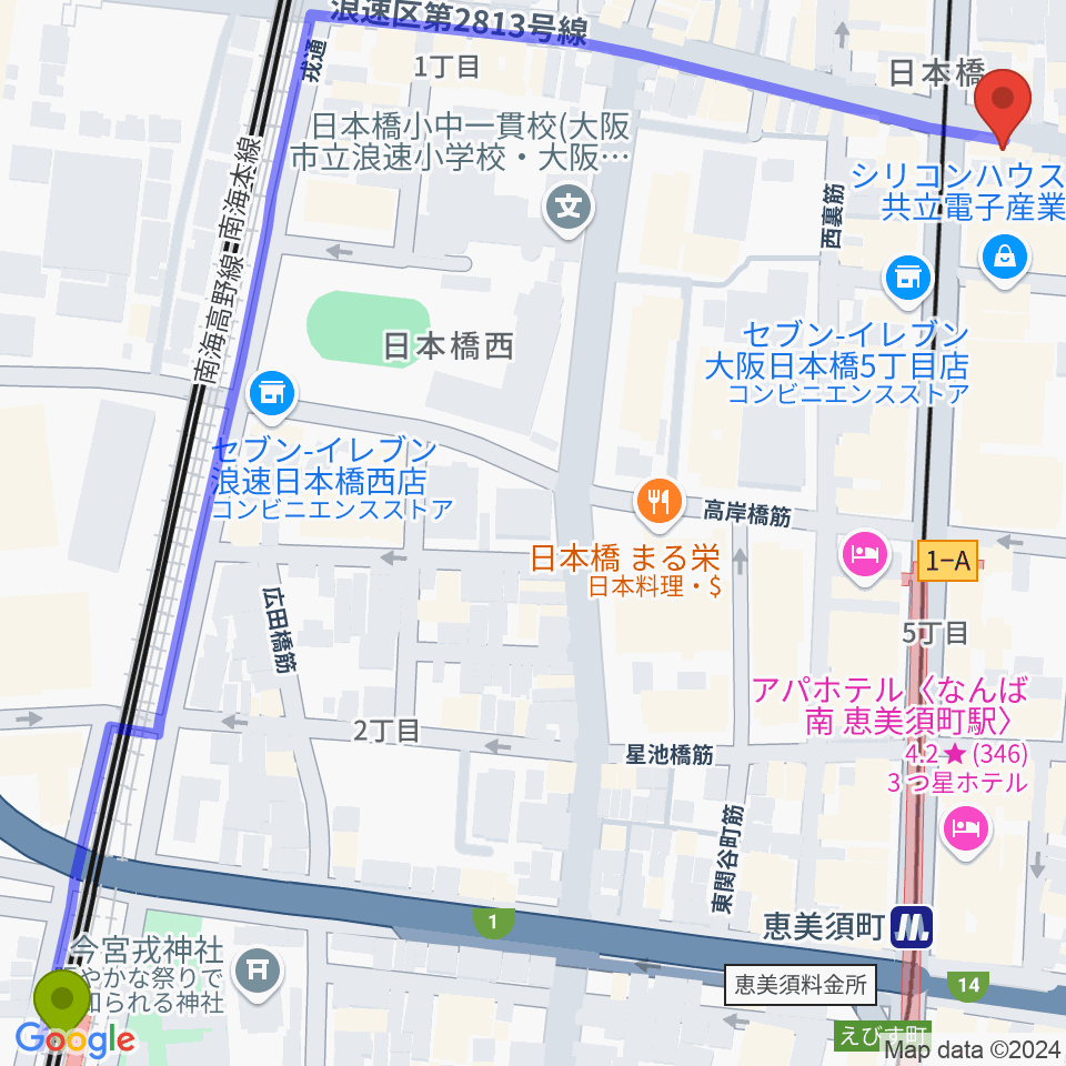 今宮戎駅からサウンドノート大阪・フェアリーテイルズ大阪へのルートマップ地図