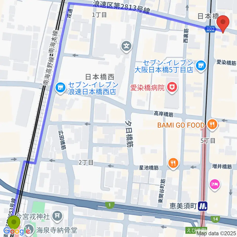 今宮戎駅からサウンドノート大阪・フェアリーテイルズ大阪へのルートマップ地図