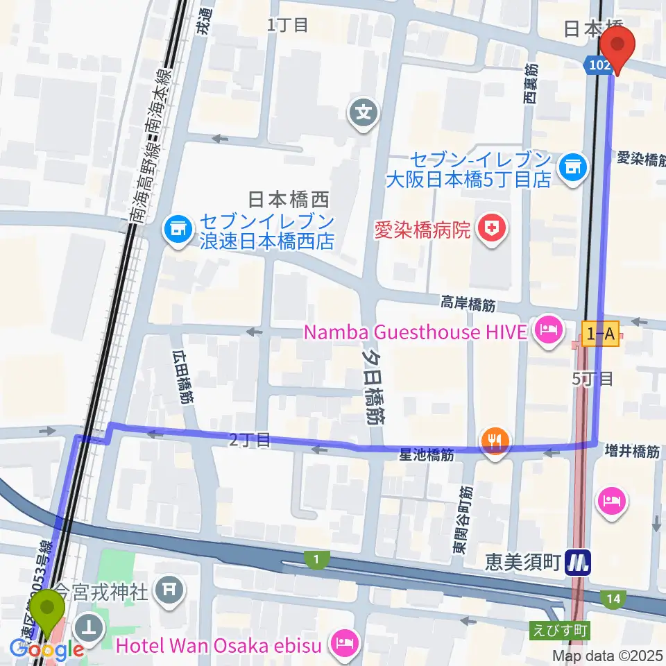 今宮戎駅からサウンドノート大阪へのルートマップ地図