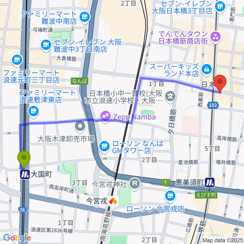 大国町駅からサウンドノート大阪・フェアリーテイルズ大阪へのルートマップ地図