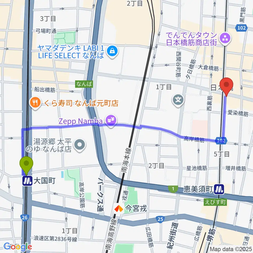 大国町駅からサウンドノート大阪へのルートマップ地図