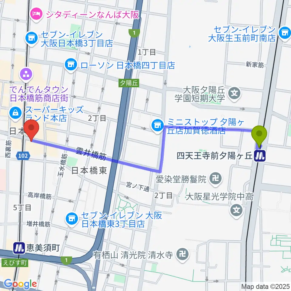 四天王寺前夕陽ヶ丘駅からサウンドノート大阪・フェアリーテイルズ大阪へのルートマップ地図