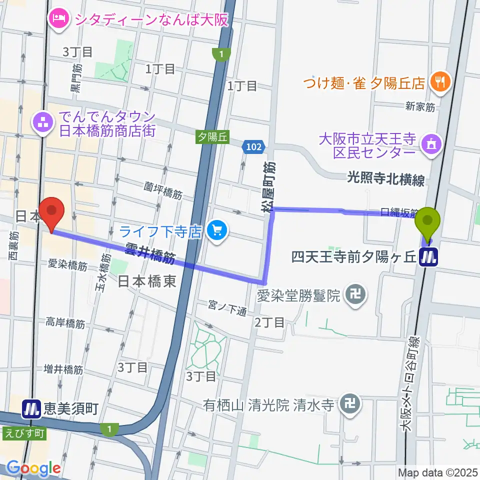 四天王寺前夕陽ヶ丘駅からサウンドノート大阪・フェアリーテイルズ大阪へのルートマップ地図