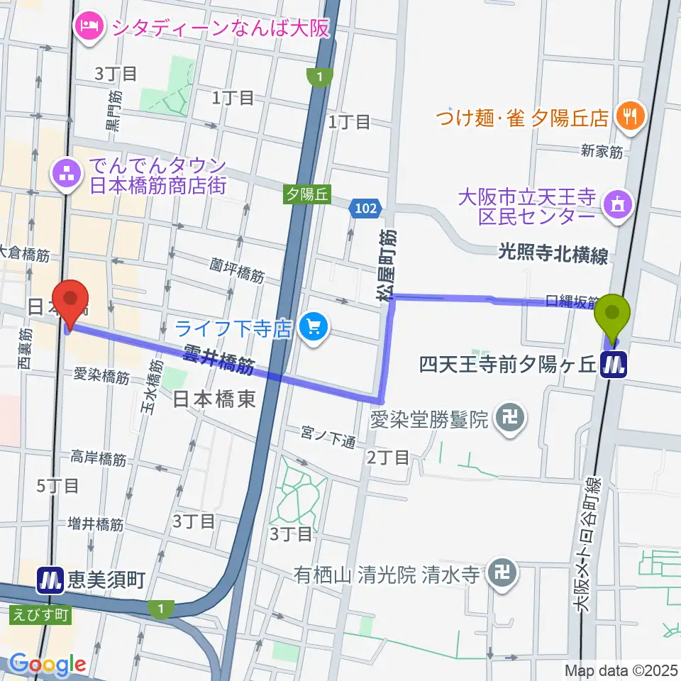 四天王寺前夕陽ヶ丘駅からサウンドノート大阪へのルートマップ地図