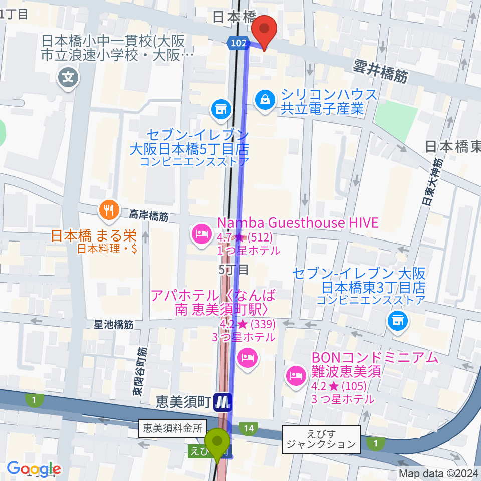 サウンドノート大阪・フェアリーテイルズ大阪の最寄駅恵美須町駅からの徒歩ルート（約7分）地図