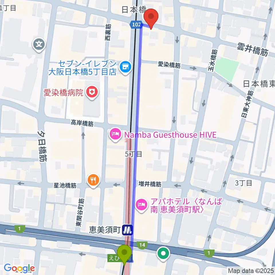 サウンドノート大阪・フェアリーテイルズ大阪の最寄駅恵美須町駅からの徒歩ルート（約7分）地図