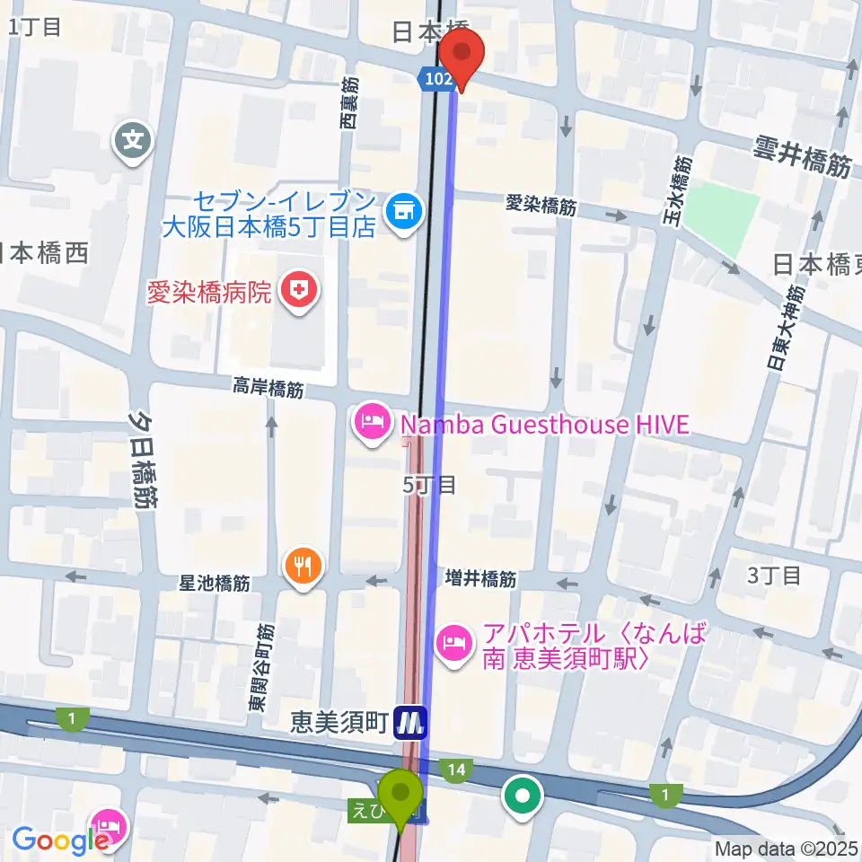 サウンドノート大阪の最寄駅恵美須町駅からの徒歩ルート（約7分）地図