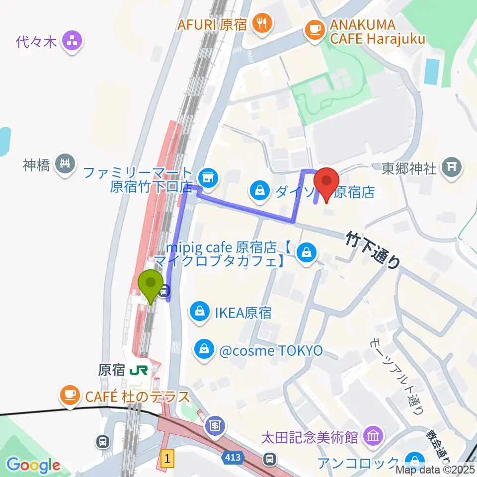 原宿ストロボカフェの最寄駅原宿駅からの徒歩ルート（約3分）地図
