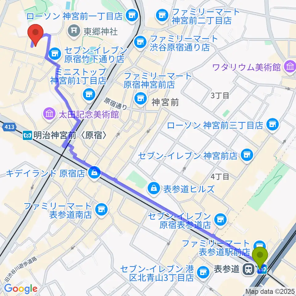 表参道駅から原宿ストロボカフェへのルートマップ地図