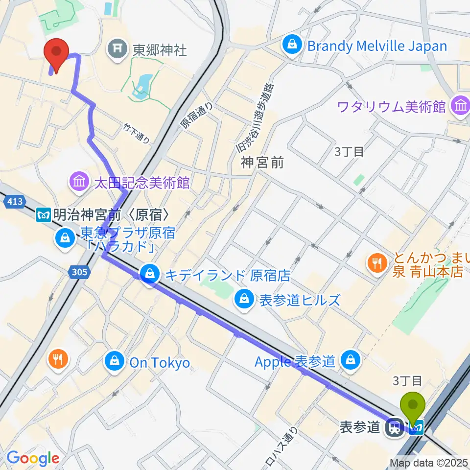 表参道駅から原宿ストロボカフェへのルートマップ地図