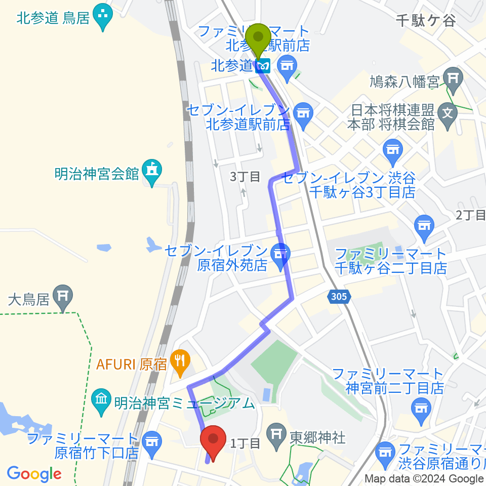 北参道駅から原宿ストロボカフェへのルートマップ地図