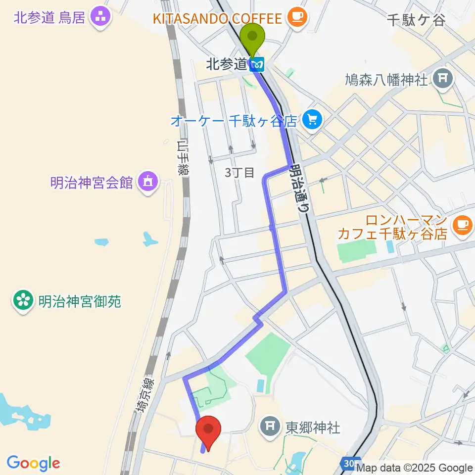北参道駅から原宿ストロボカフェへのルートマップ地図