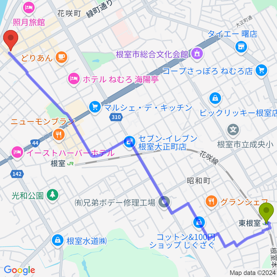 東根室駅から根室ハイワットホールへのルートマップ地図