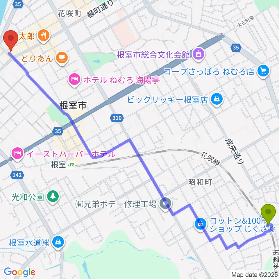 東根室駅から根室ハイワットホールへのルートマップ地図
