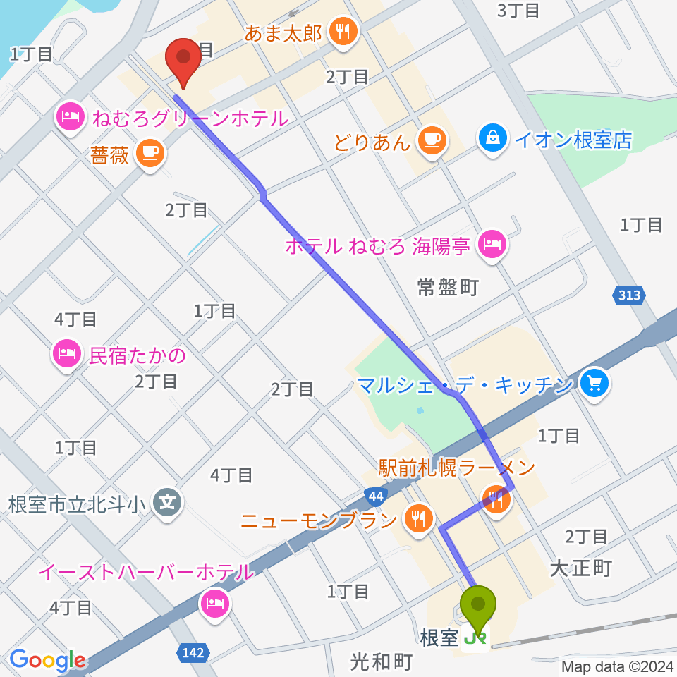 根室ハイワットホールの最寄駅根室駅からの徒歩ルート（約13分）地図