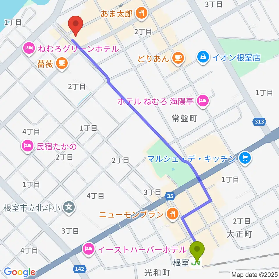 根室ハイワットホールの最寄駅根室駅からの徒歩ルート（約13分）地図