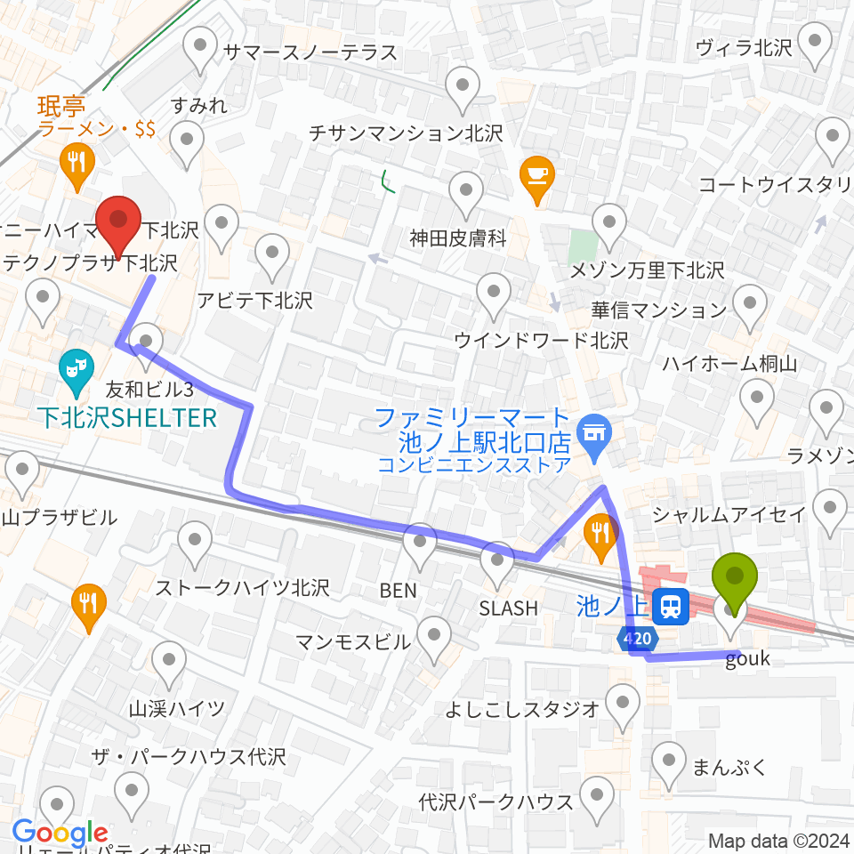 池ノ上駅から小劇場B1へのルートマップ地図
