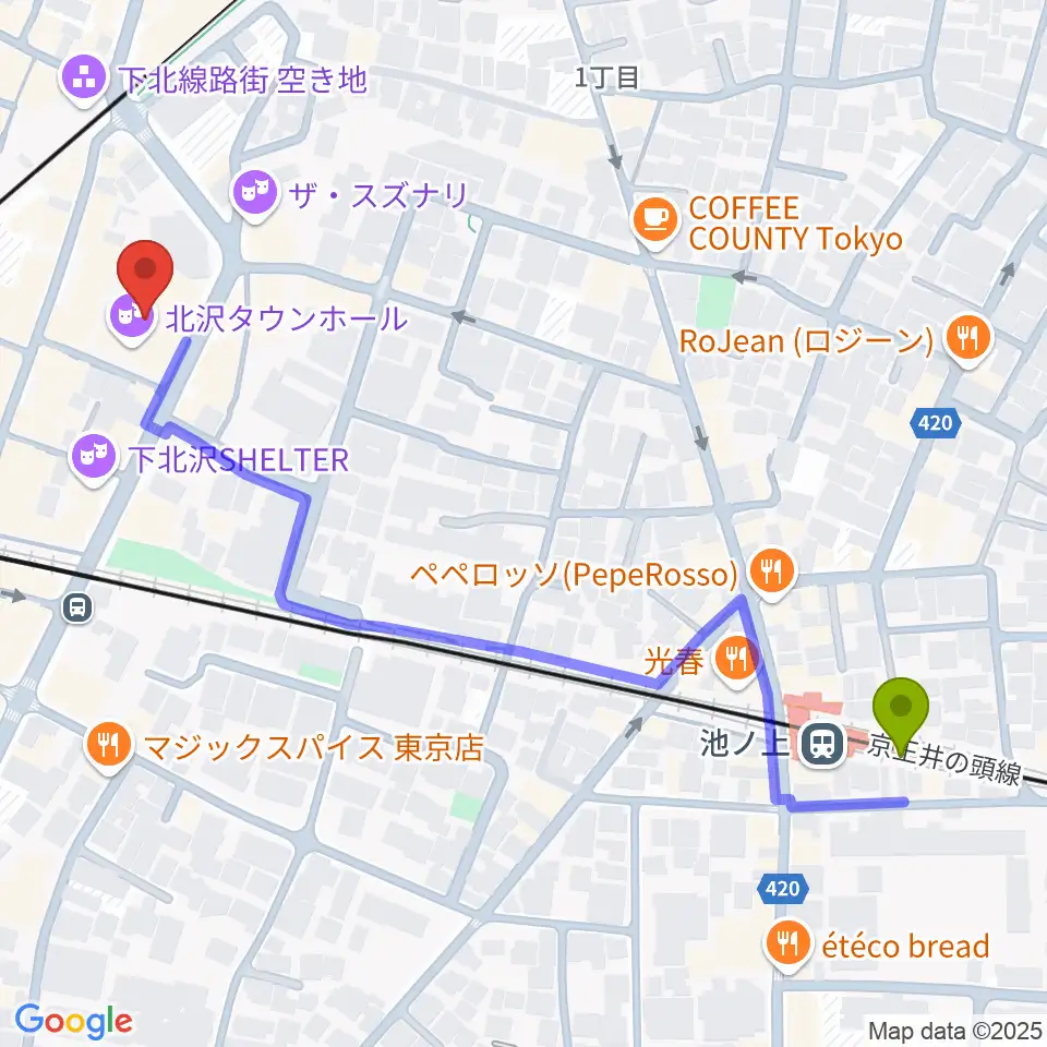 池ノ上駅から小劇場B1へのルートマップ地図