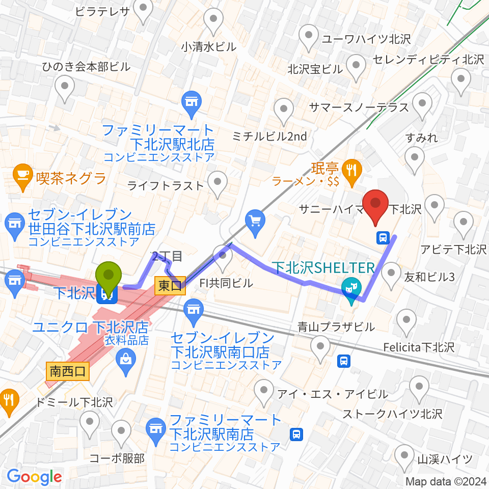 小劇場B1の最寄駅下北沢駅からの徒歩ルート（約4分）地図