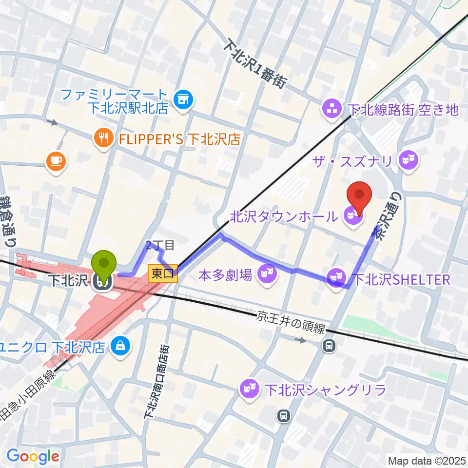 小劇場B1の最寄駅下北沢駅からの徒歩ルート（約4分）地図