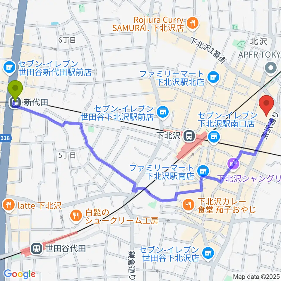 新代田駅から小劇場B1へのルートマップ地図
