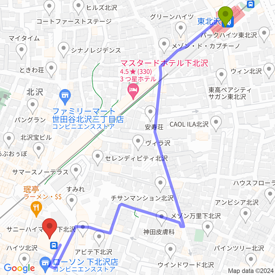 東北沢駅から小劇場B1へのルートマップ地図