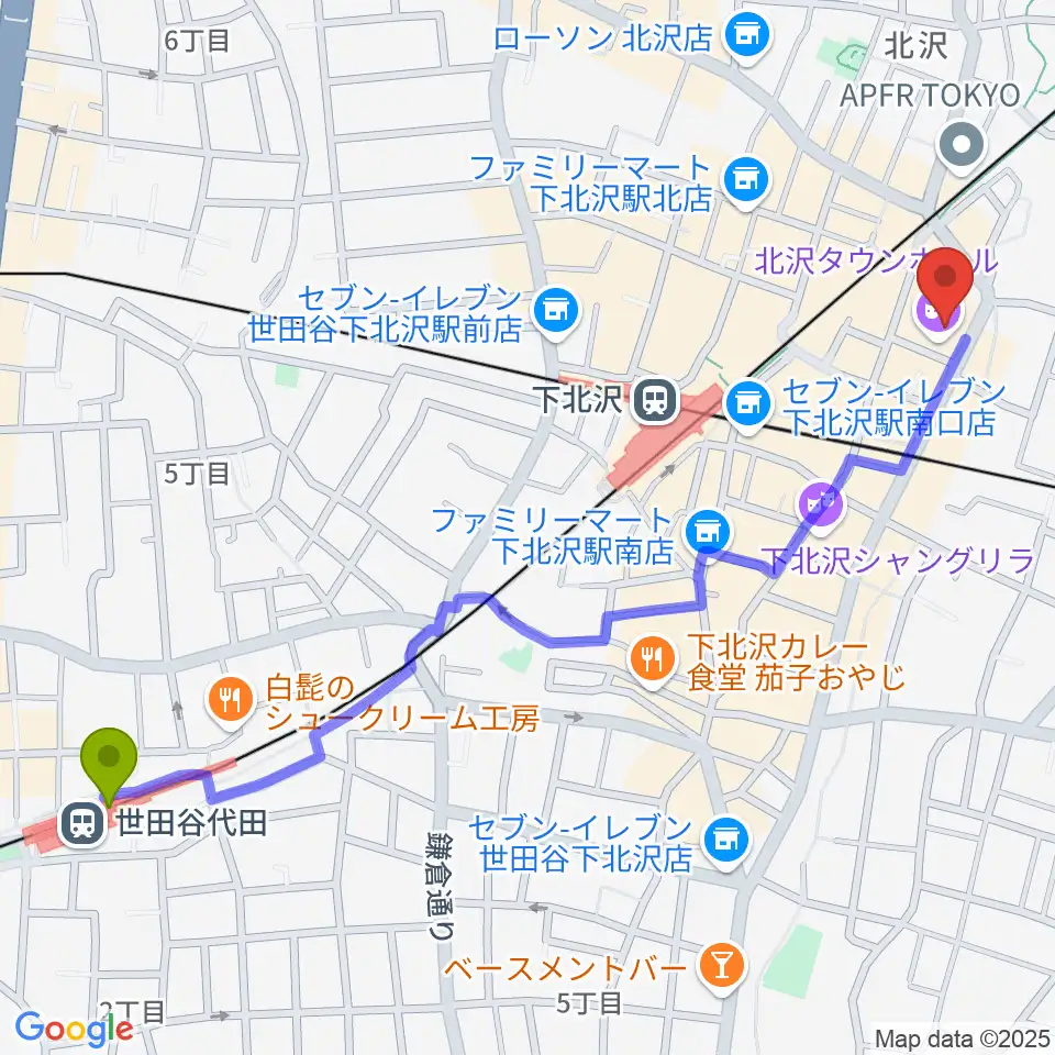 世田谷代田駅から小劇場B1へのルートマップ地図