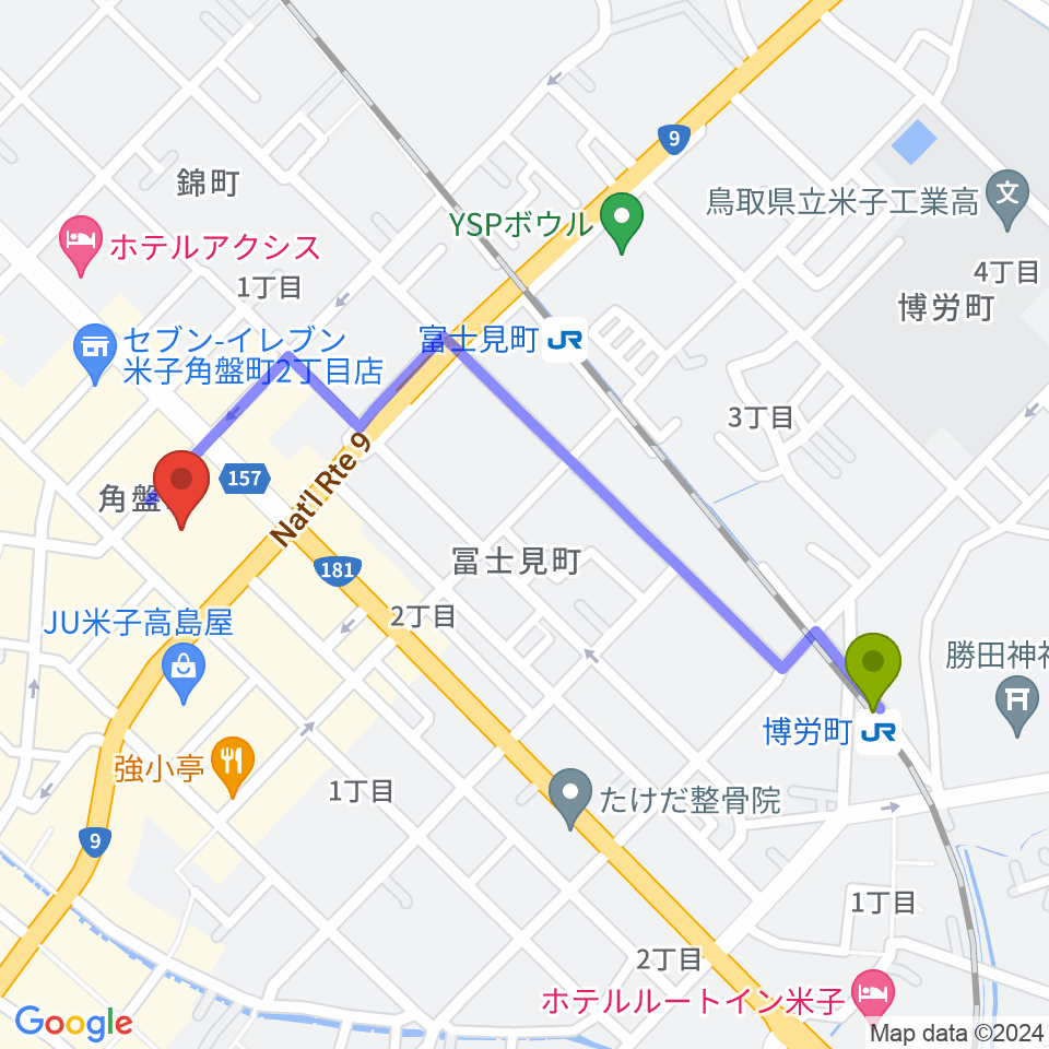 博労町駅から米子市公会堂へのルートマップ地図