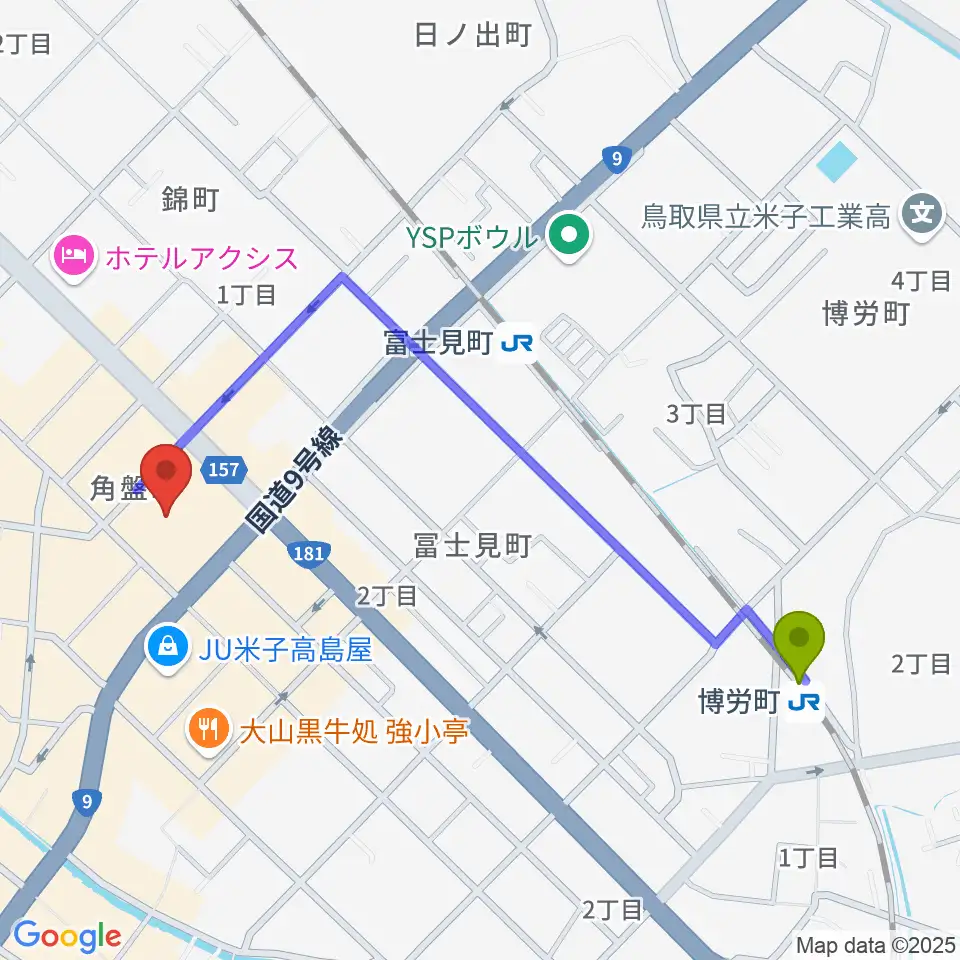 博労町駅から米子市公会堂へのルートマップ地図