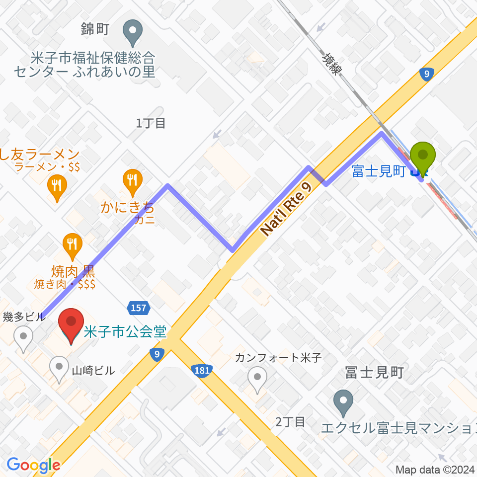 米子市公会堂の最寄駅富士見町駅からの徒歩ルート（約6分）地図