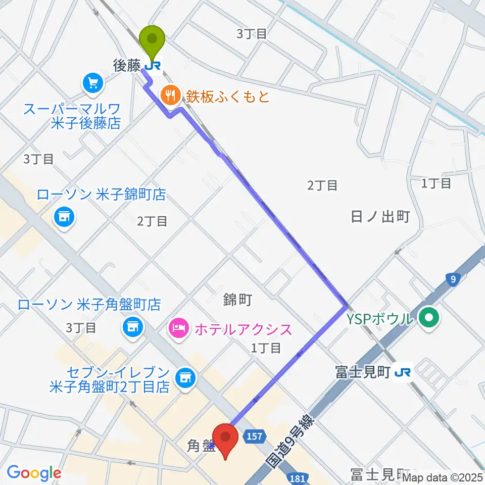 後藤駅から米子市公会堂へのルートマップ地図