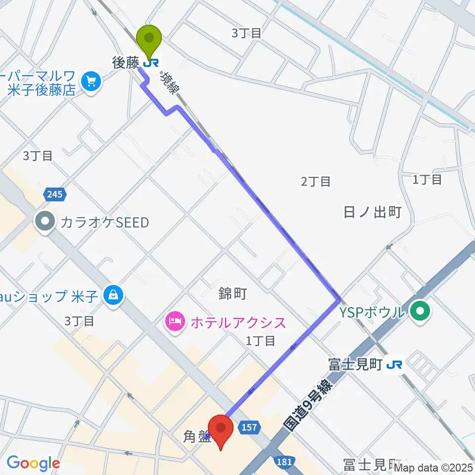 後藤駅から米子市公会堂へのルートマップ地図