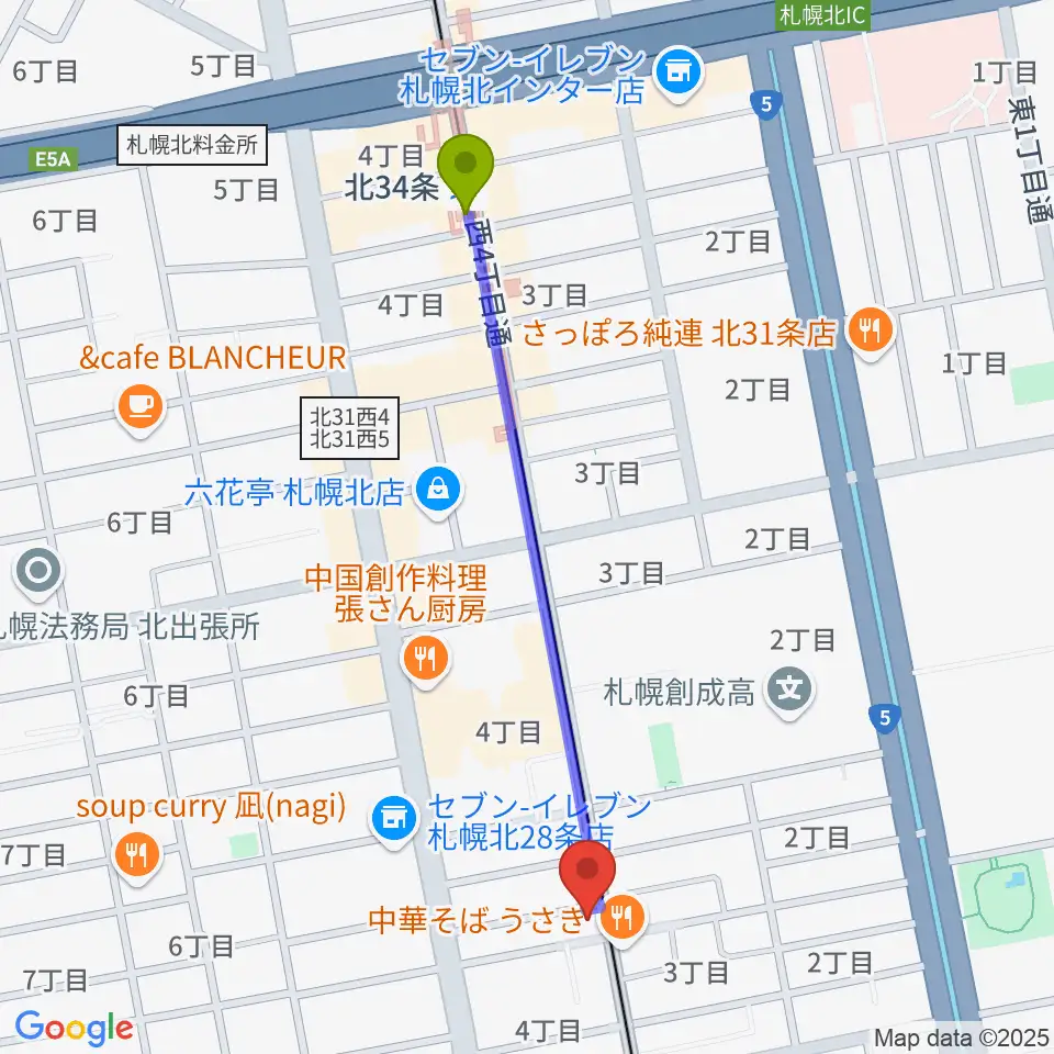 ムジークスタジオの最寄駅北３４条駅からの徒歩ルート（約9分）地図