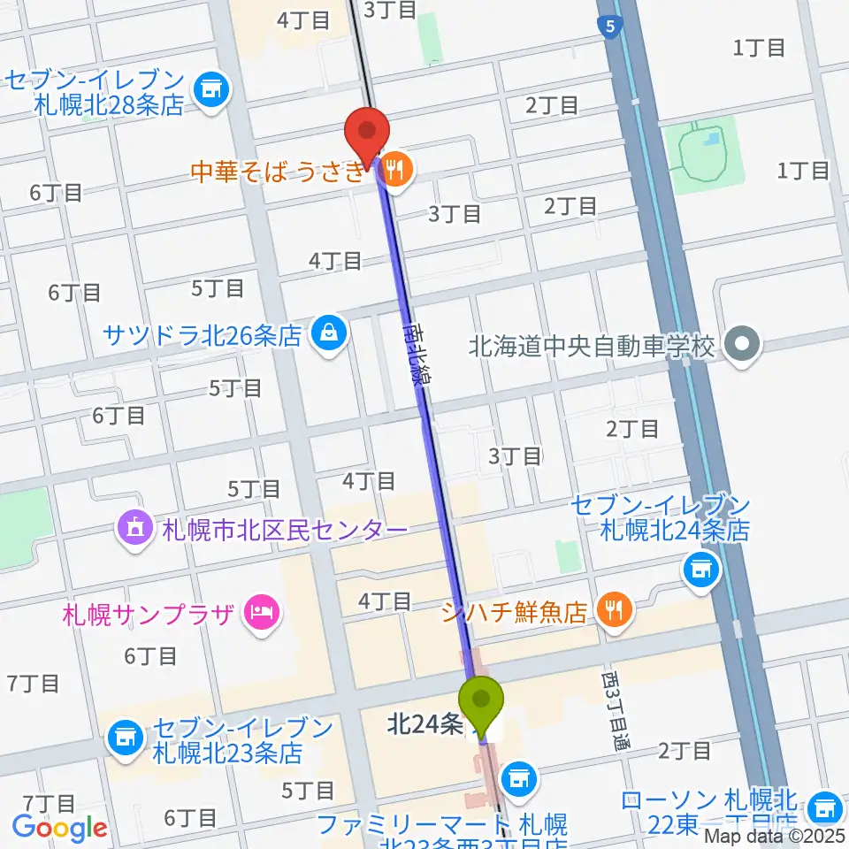 北２４条駅からムジークスタジオへのルートマップ地図