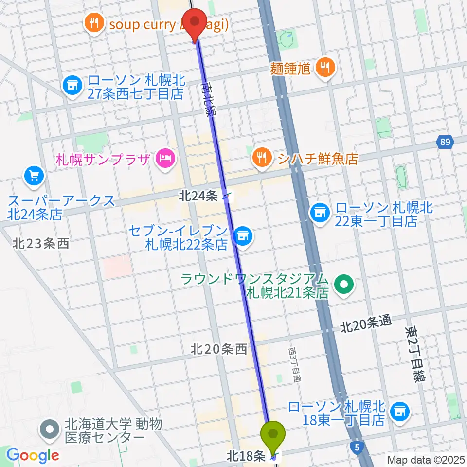 北１８条駅からムジークスタジオへのルートマップ地図