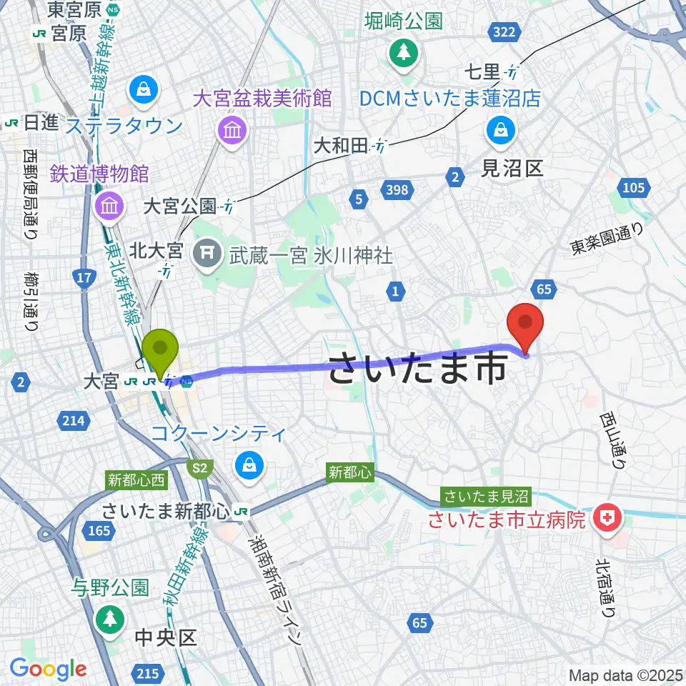大宮駅からJUNKING GUITARS かんたんギター教室へのルートマップ地図