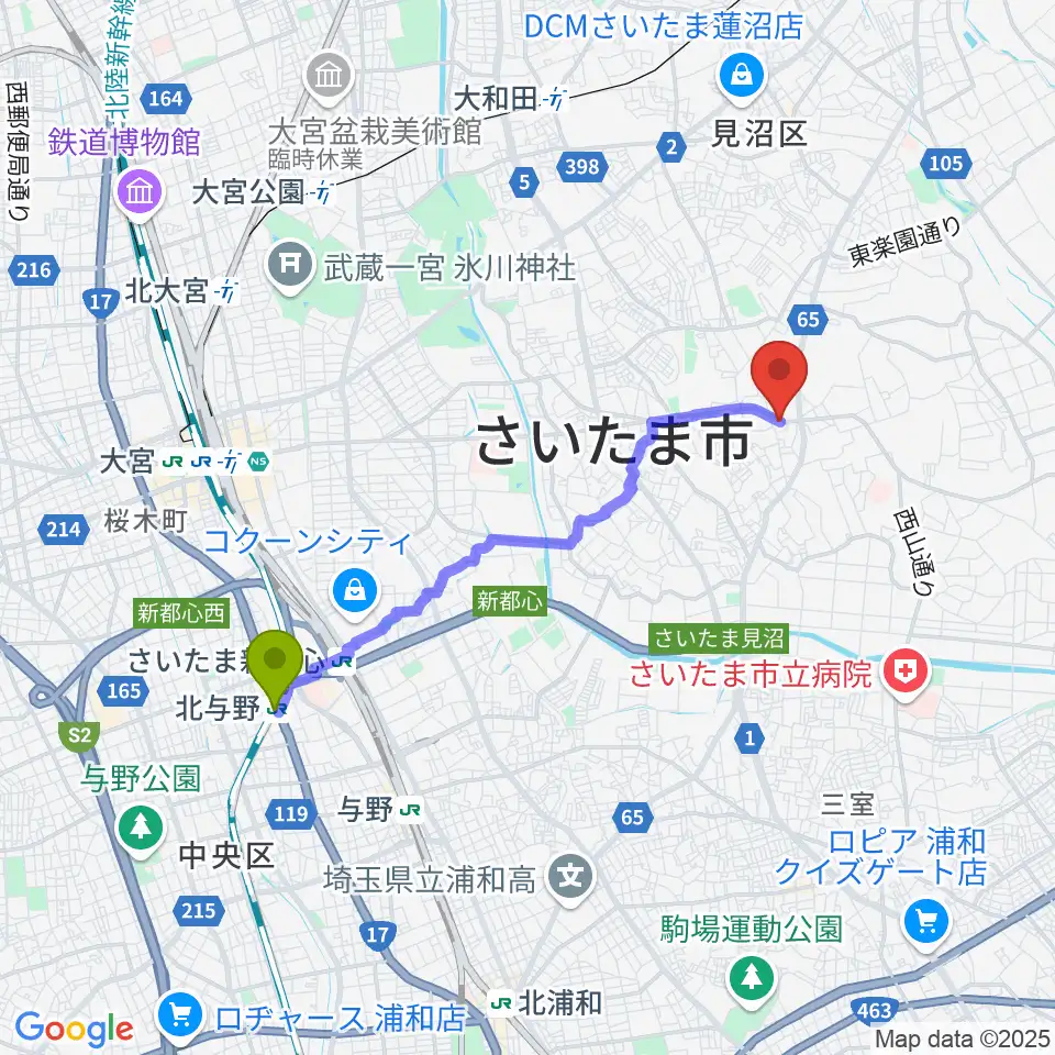 北与野駅からJUNKING GUITARS かんたんギター教室へのルートマップ地図