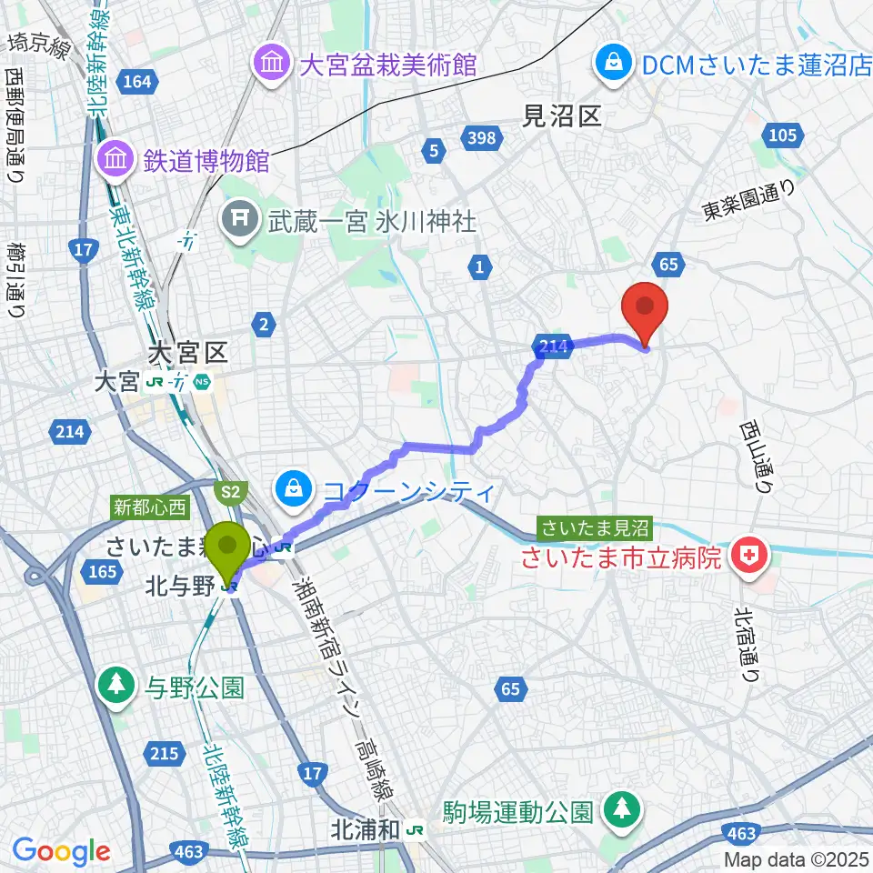 北与野駅からJUNKING GUITARS かんたんギター教室へのルートマップ地図