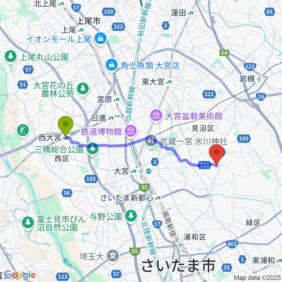 西大宮駅からJUNKING GUITARS かんたんギター教室へのルートマップ地図