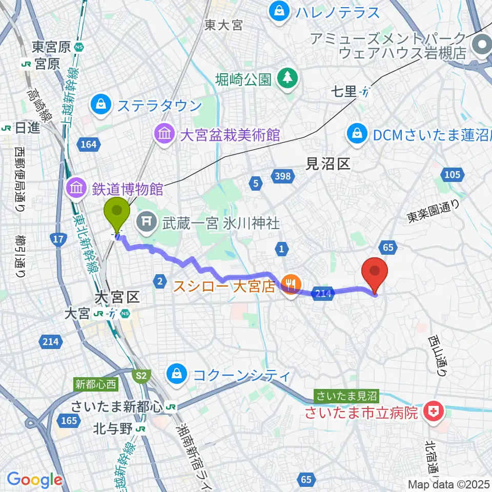 北大宮駅からJUNKING GUITARS かんたんギター教室へのルートマップ地図