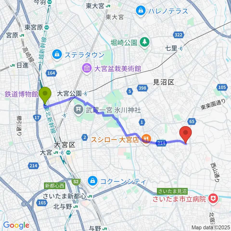 鉄道博物館駅からJUNKING GUITARS かんたんギター教室へのルートマップ地図