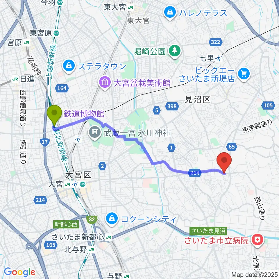 鉄道博物館駅からJUNKING GUITARS かんたんギター教室へのルートマップ地図